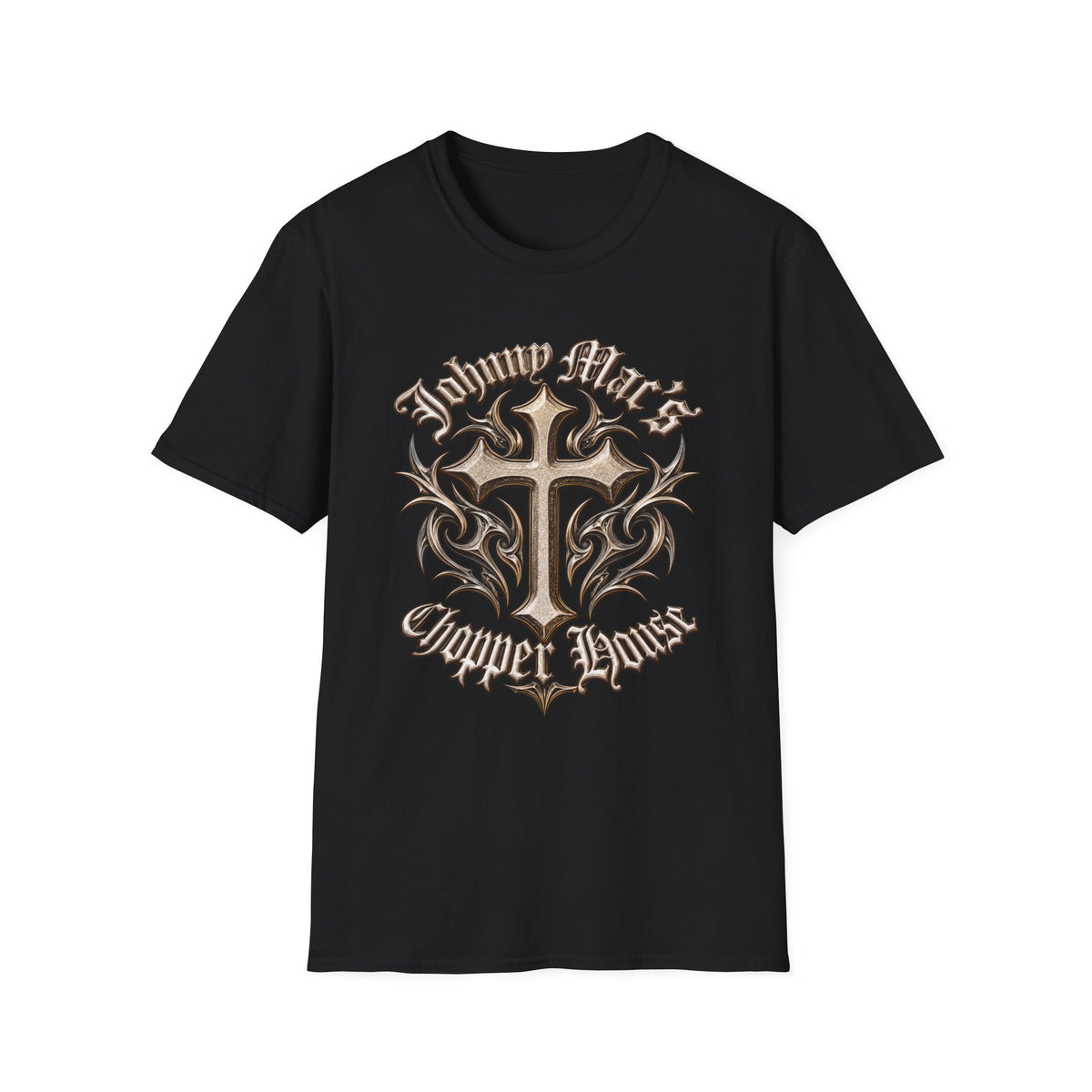 Cross Tribal Graphic T-Shirt – "Johnny Mac's Chopper House"