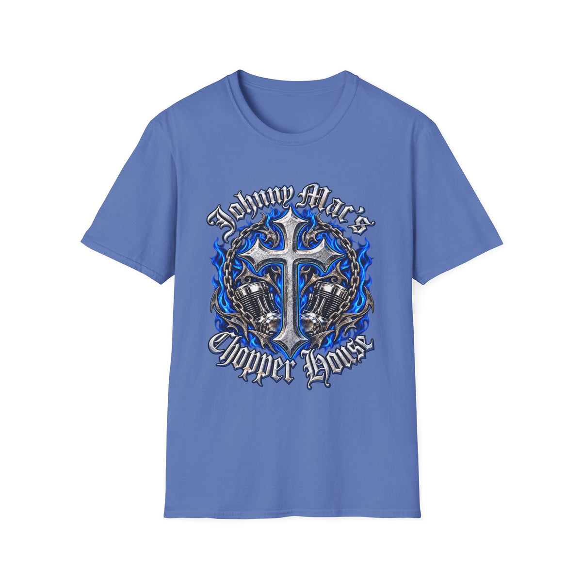 Power Cross T-Shirt — Blue Flame Cross Graphic Tee
