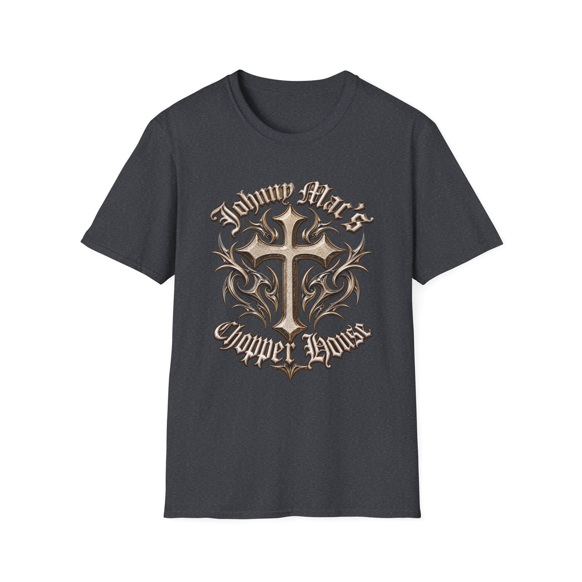 Cross Tribal Graphic T-Shirt – "Johnny Mac's Chopper House"