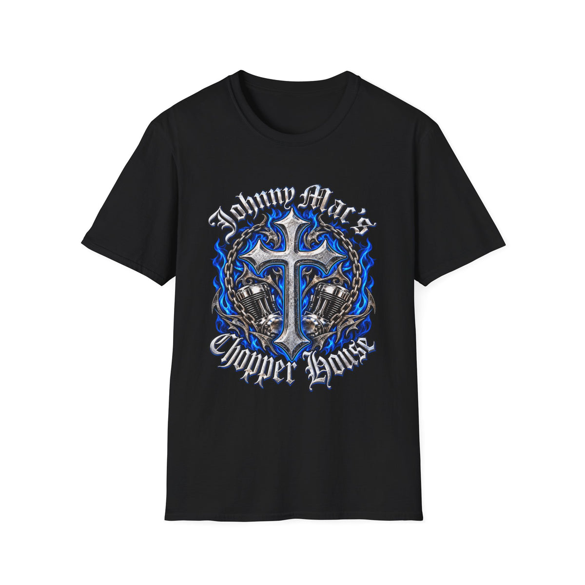 Power Cross T-Shirt — Blue Flame Cross Graphic Tee
