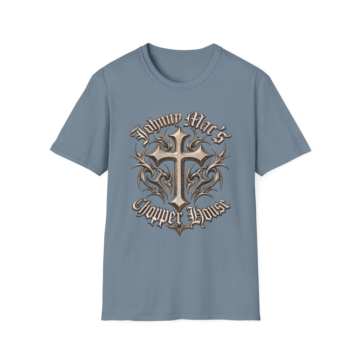 Cross Tribal Graphic T-Shirt – "Johnny Mac's Chopper House"