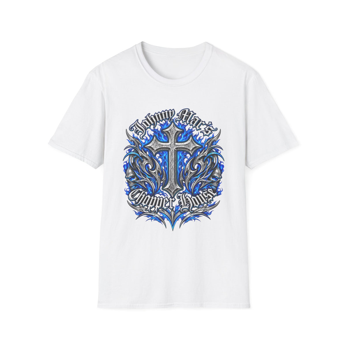 "Johnny Loves Chopper Loves" Blue Tribal Cross Design