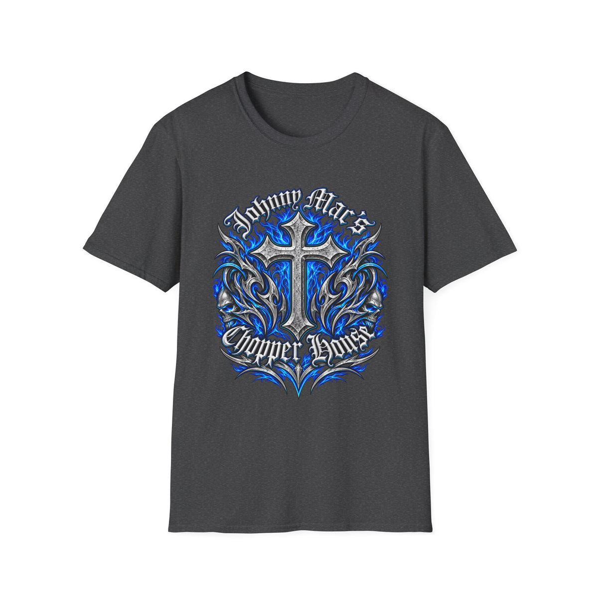 "Johnny Loves Chopper Loves" Blue Tribal Cross Design