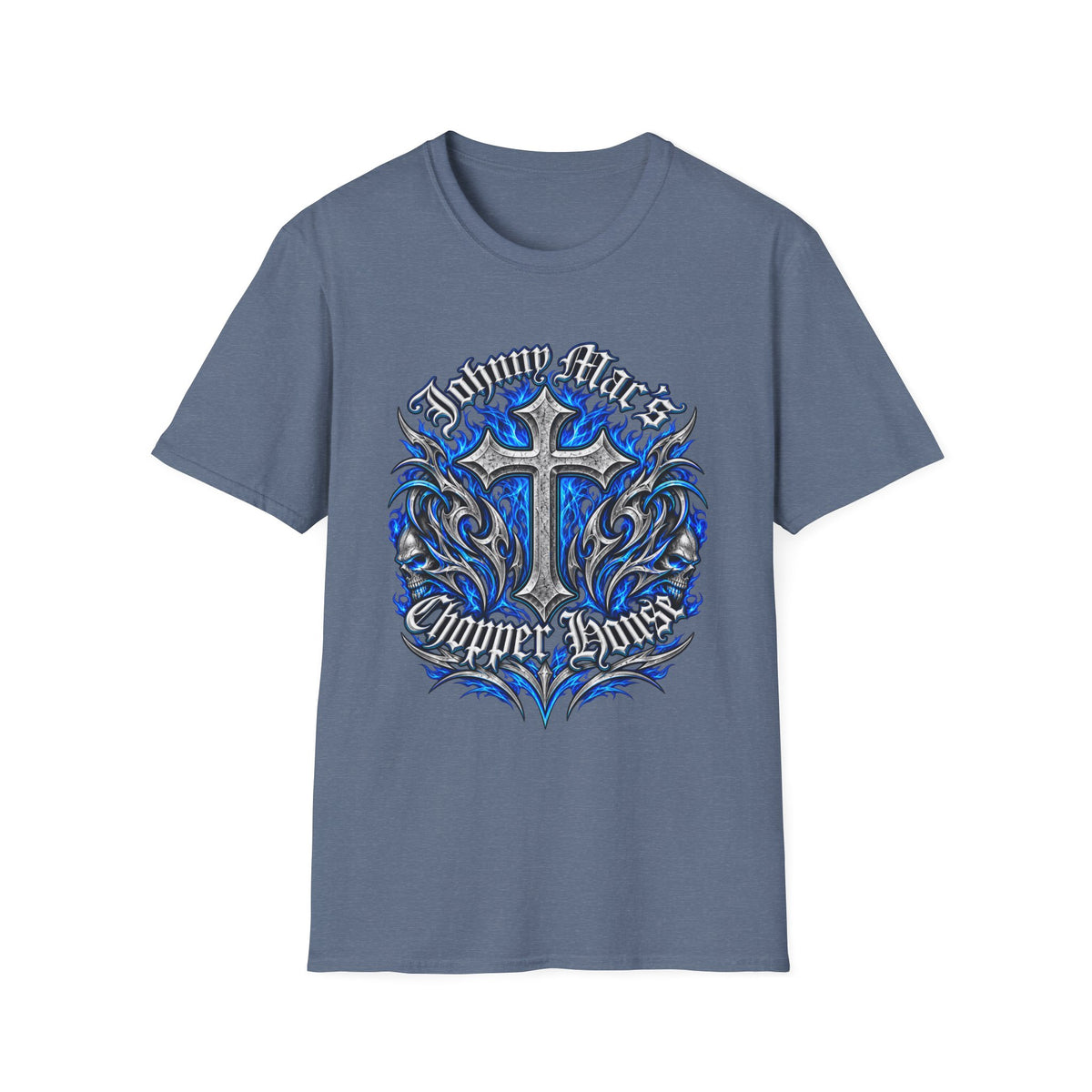 "Johnny Loves Chopper Loves" Blue Tribal Cross Design