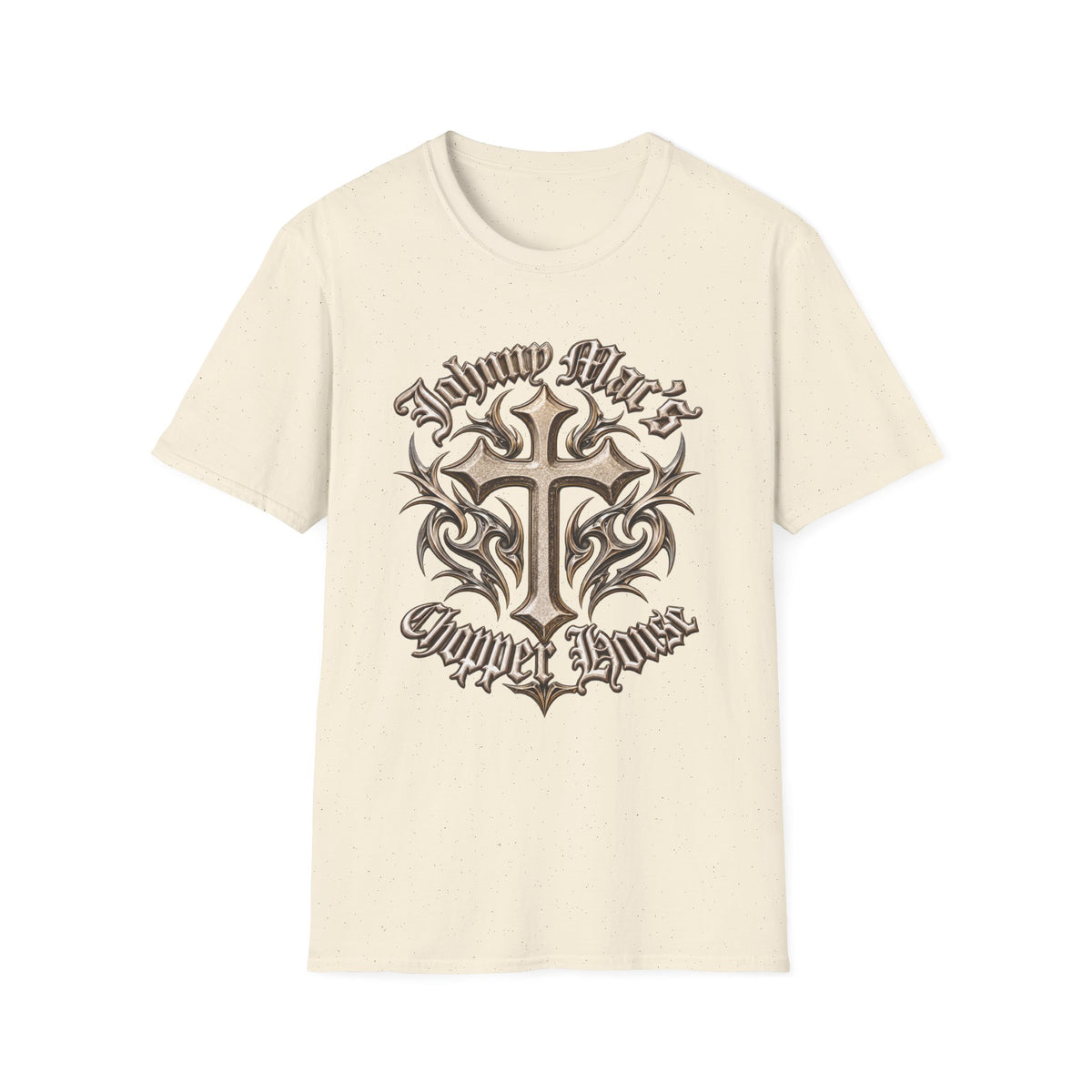 Cross Tribal Graphic T-Shirt – "Johnny Mac's Chopper House"