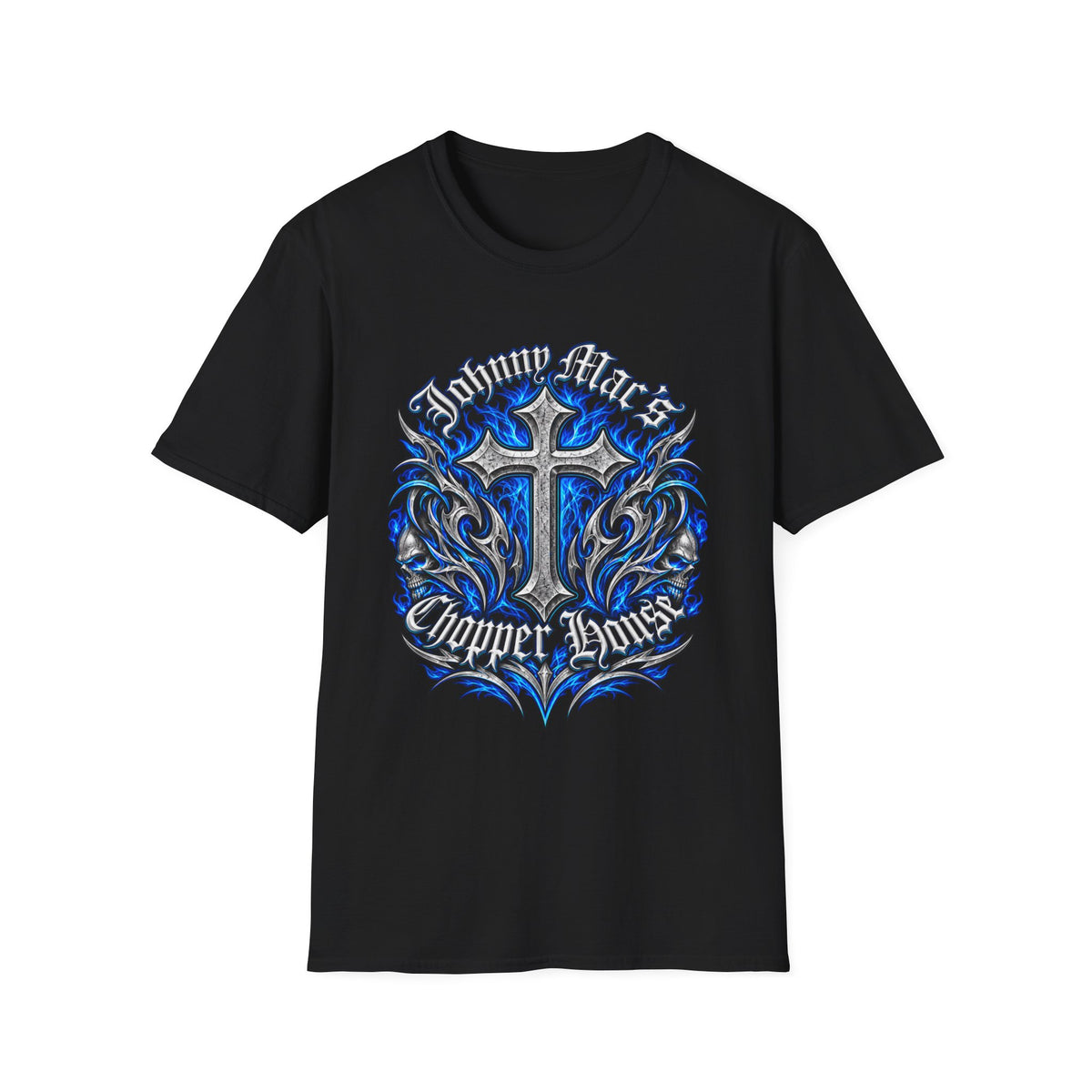 "Johnny Loves Chopper Loves" Blue Tribal Cross Design