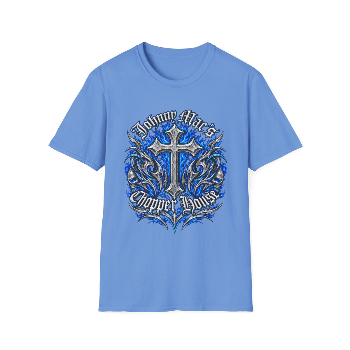 "Johnny Loves Chopper Loves" Blue Tribal Cross Design