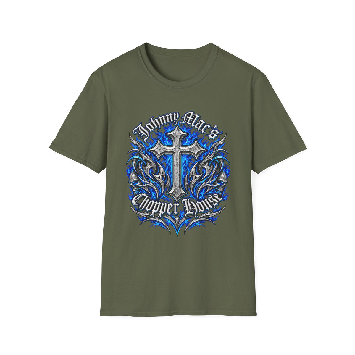 "Johnny Loves Chopper Loves" Blue Tribal Cross Design