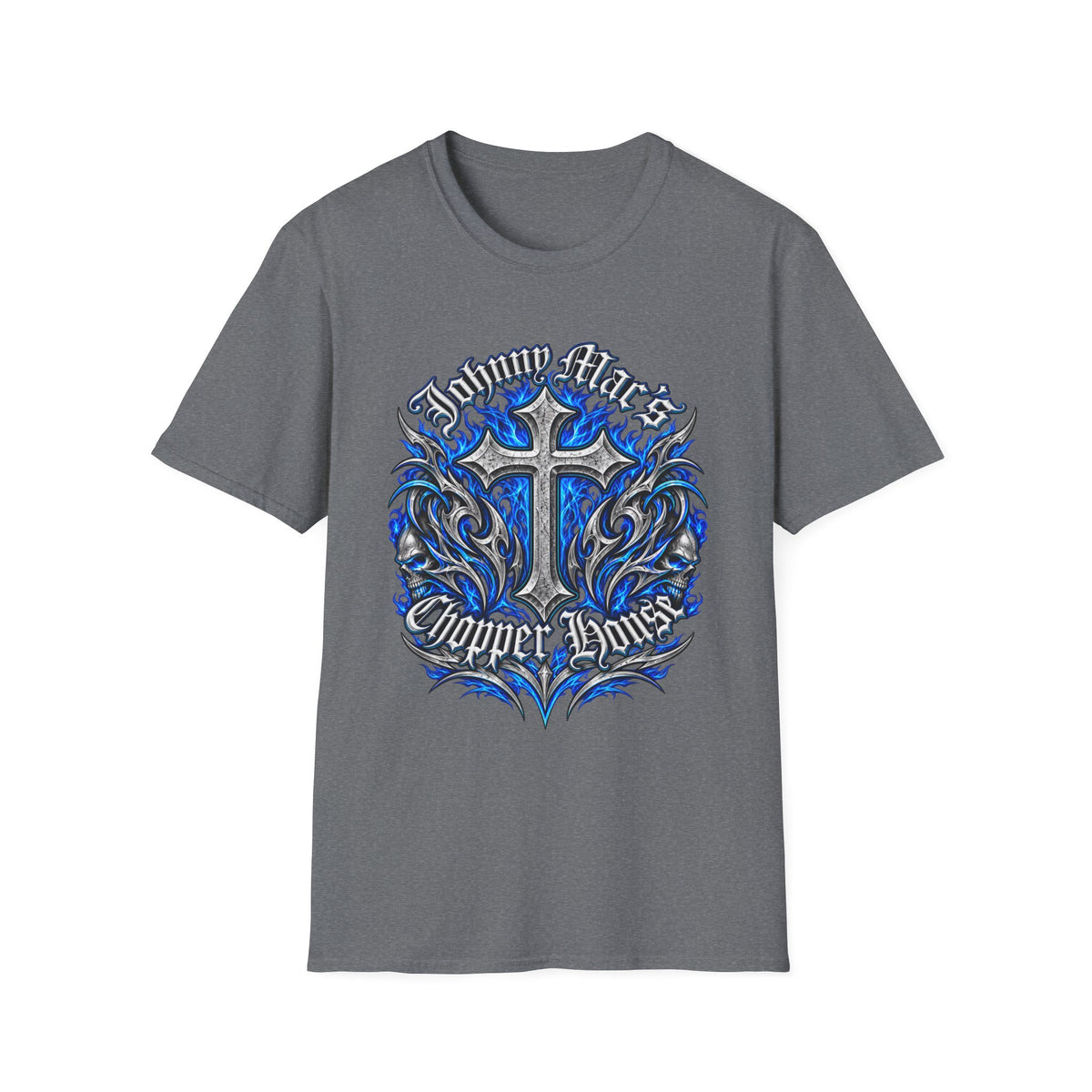 "Johnny Loves Chopper Loves" Blue Tribal Cross Design