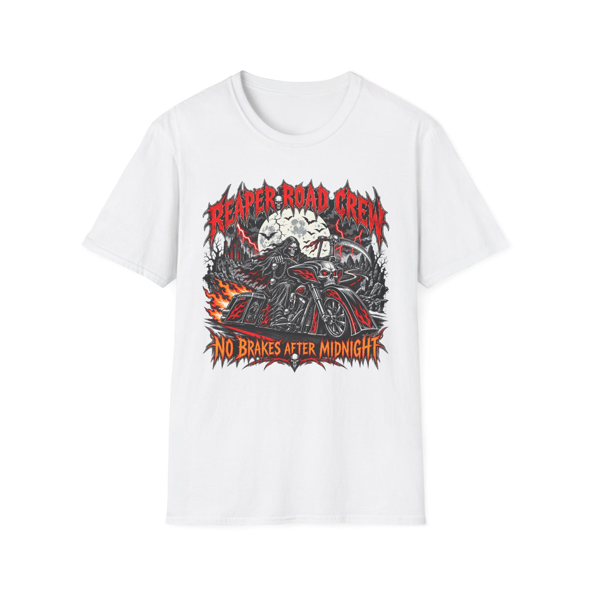 Reaper Road Crew T-Shirt — "No Brakes After Midnight" Biker Skull Graphic Tee