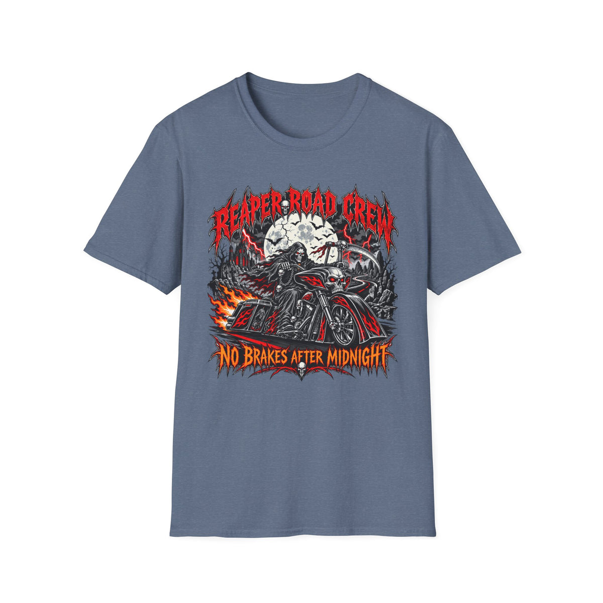 Reaper Road Crew T-Shirt — "No Brakes After Midnight" Biker Skull Graphic Tee