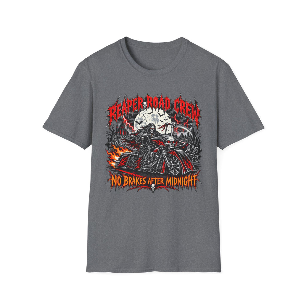 Reaper Road Crew T-Shirt — "No Brakes After Midnight" Biker Skull Graphic Tee