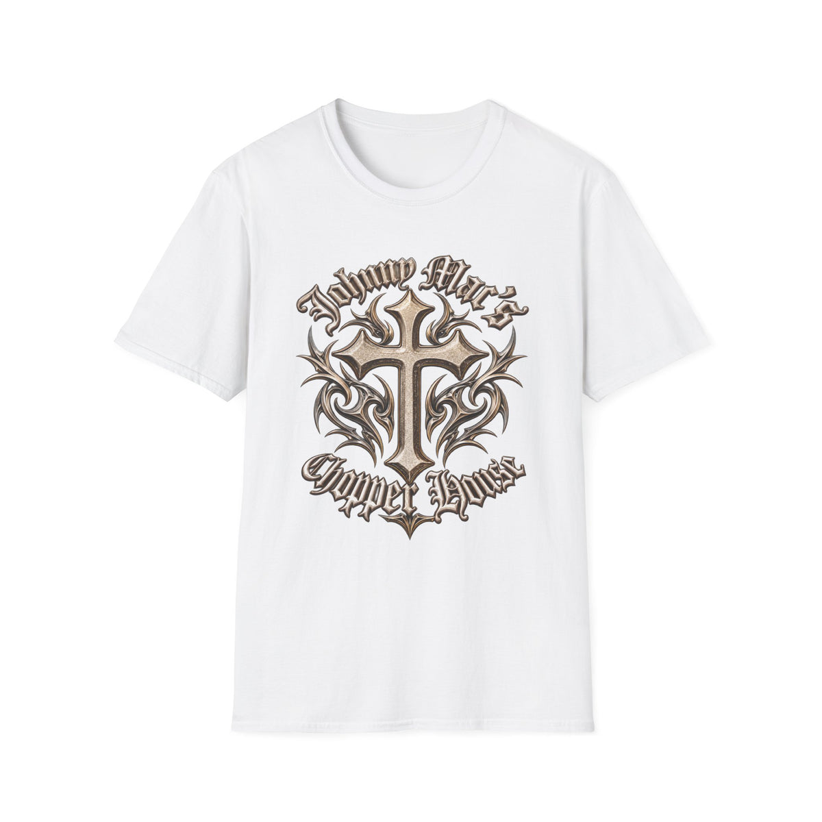 Cross Tribal Graphic T-Shirt – "Johnny Mac's Chopper House"
