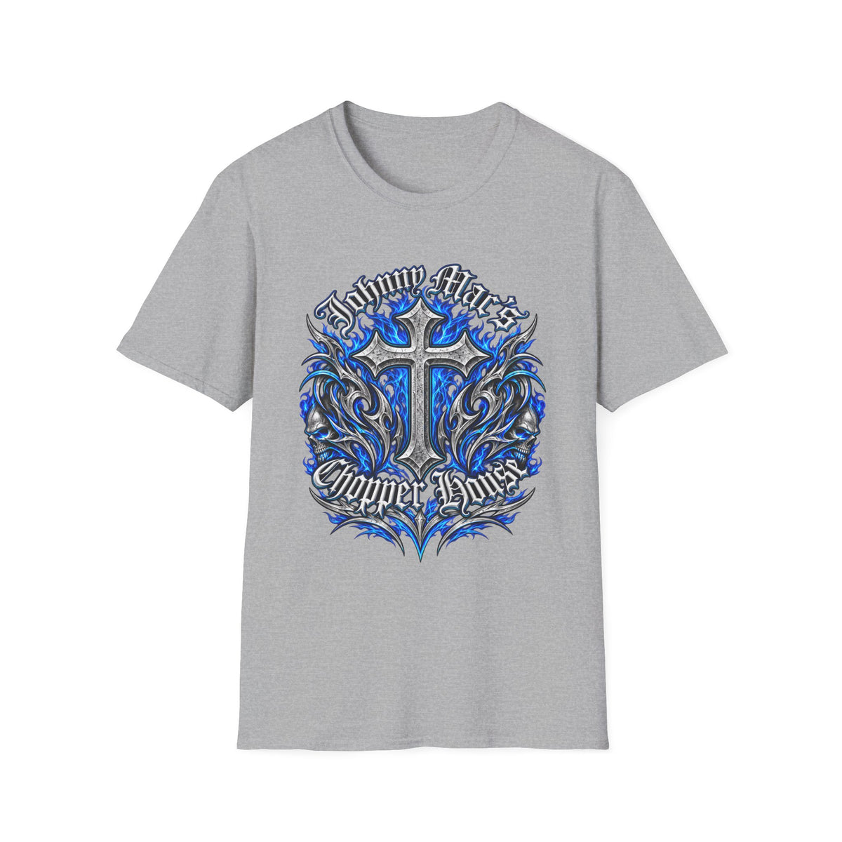 "Johnny Loves Chopper Loves" Blue Tribal Cross Design