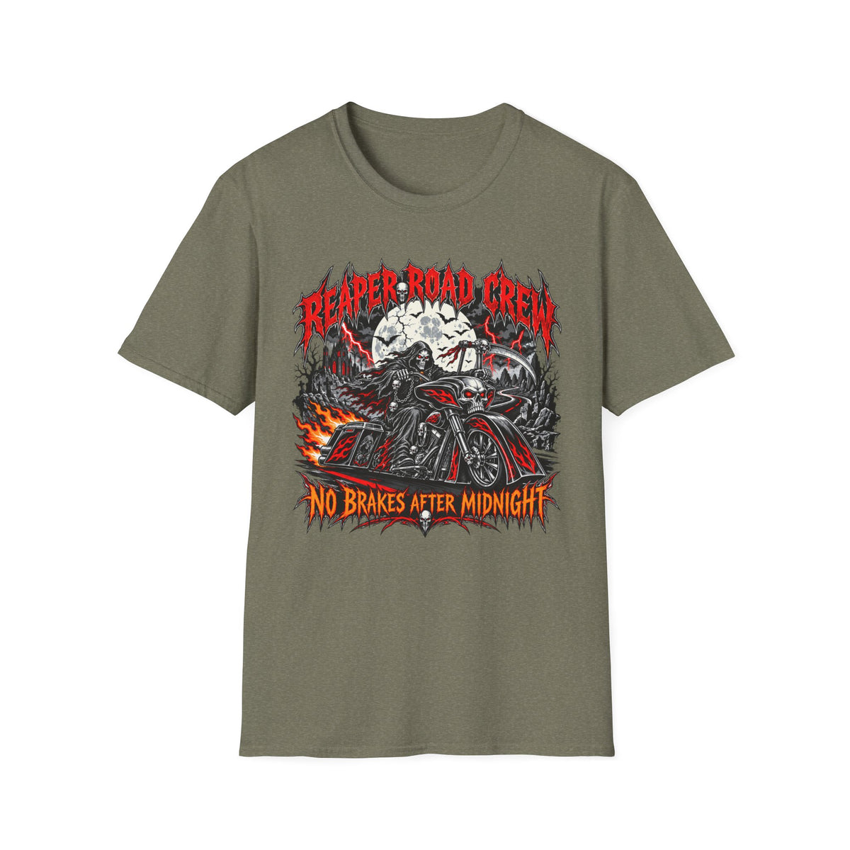 Reaper Road Crew T-Shirt — "No Brakes After Midnight" Biker Skull Graphic Tee