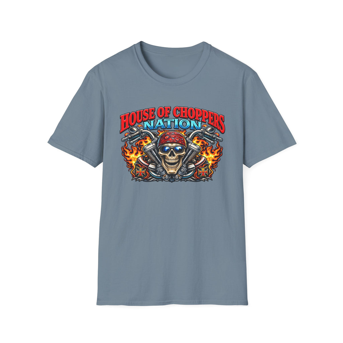 House of Choppers Nation T-Shirt — Skull & Flames Biker Tee