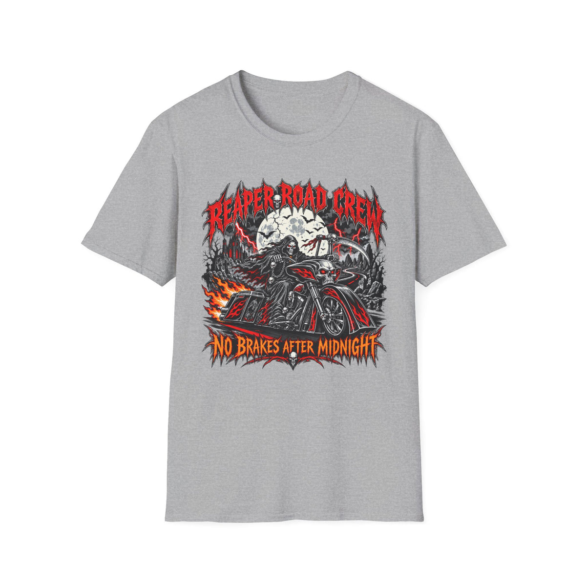 Reaper Road Crew T-Shirt — "No Brakes After Midnight" Biker Skull Graphic Tee