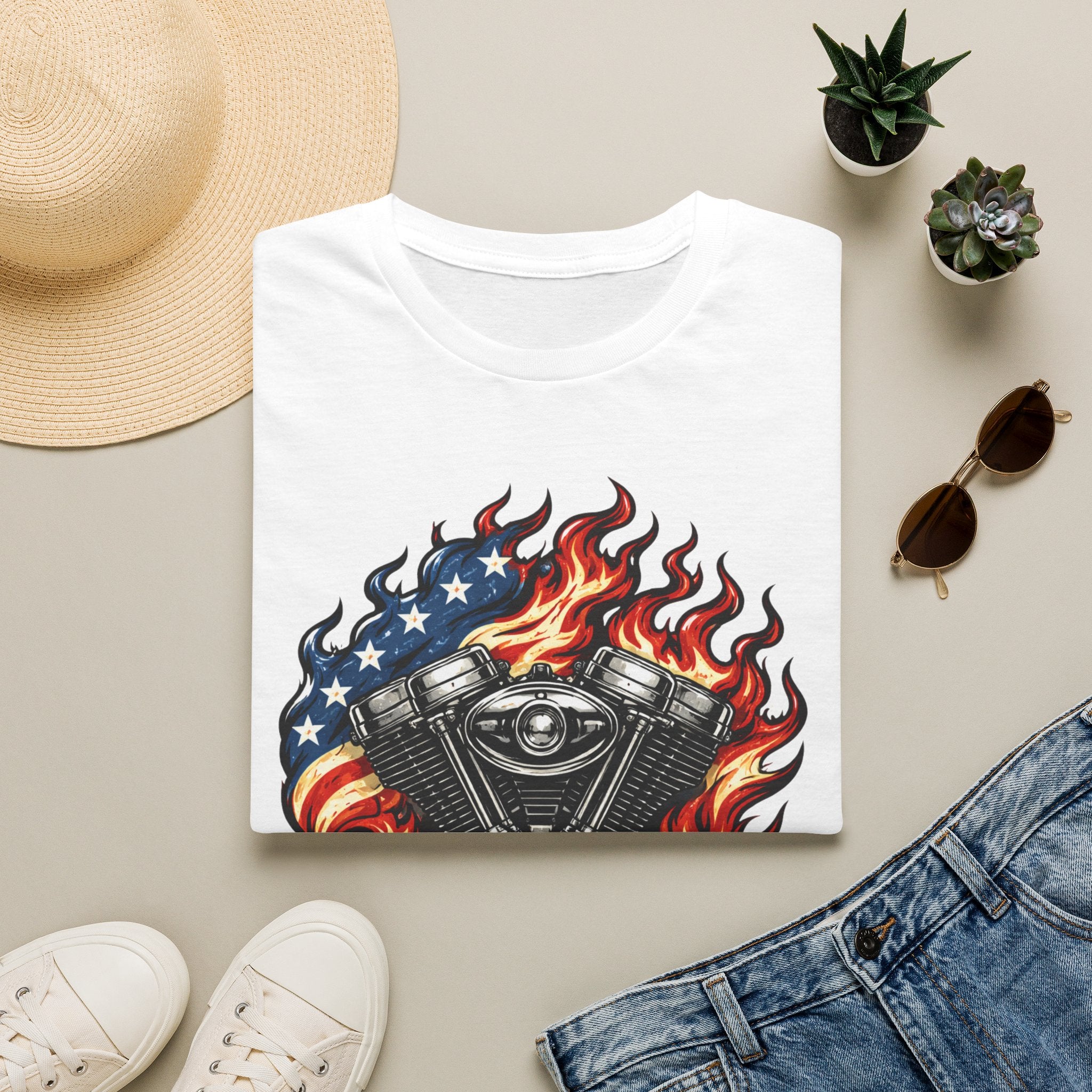 Motorcycle Engine American Flag Flames T-Shirt