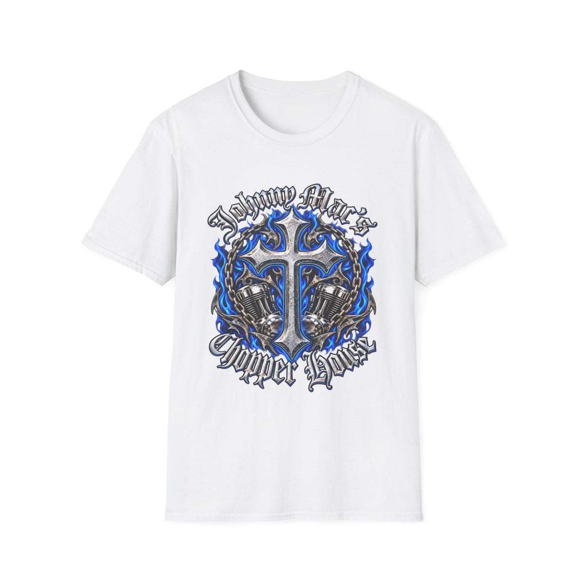 Power Cross T-Shirt — Blue Flame Cross Graphic Tee