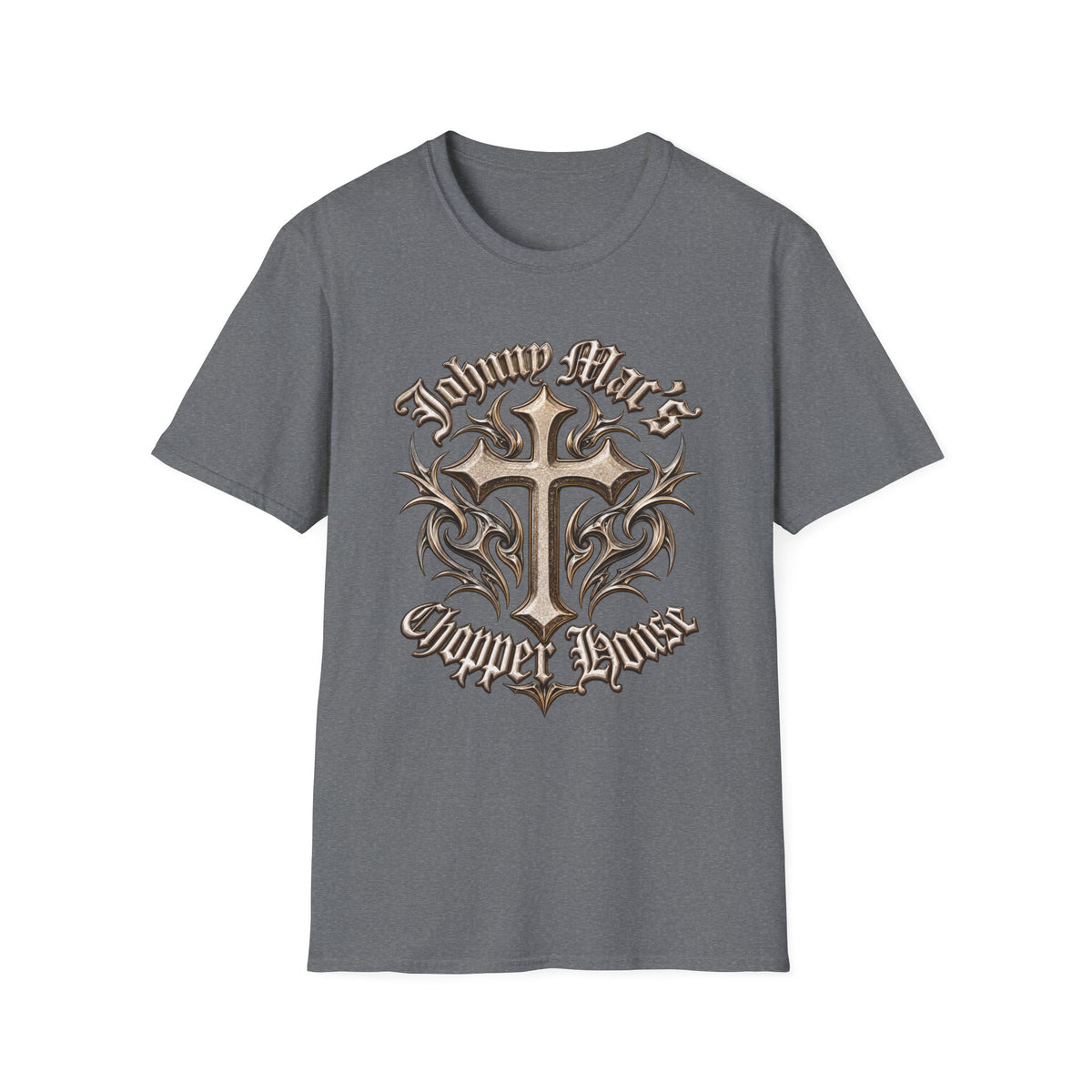 Cross Tribal Graphic T-Shirt – "Johnny Mac's Chopper House"