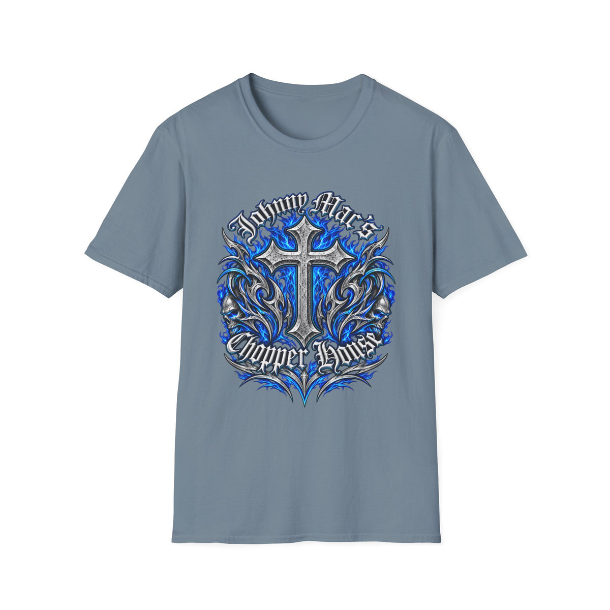 "Johnny Loves Chopper Loves" Blue Tribal Cross Design