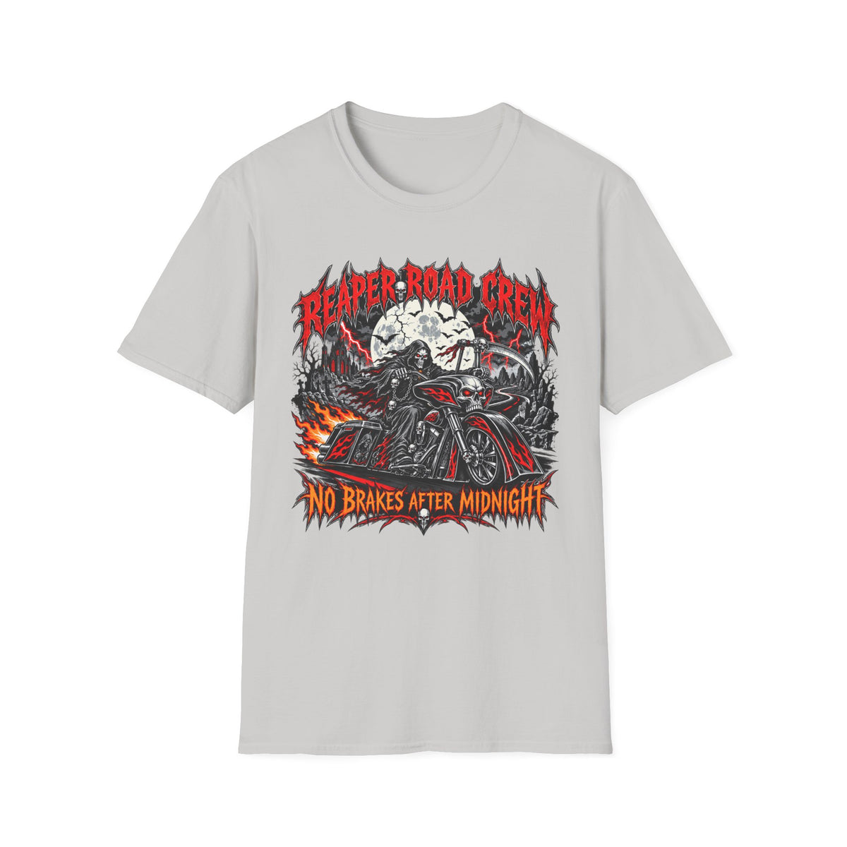 Reaper Road Crew T-Shirt — "No Brakes After Midnight" Biker Skull Graphic Tee