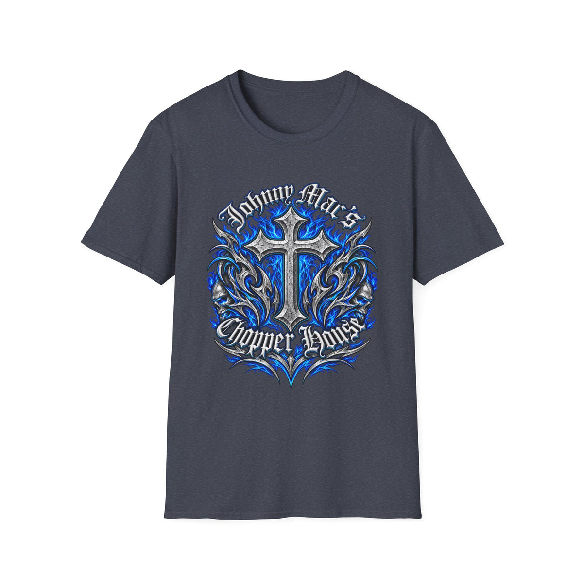 "Johnny Loves Chopper Loves" Blue Tribal Cross Design